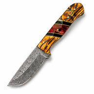 Damascus Drop Point Knife | Bocote Wood & Ruby Red Resin Handle