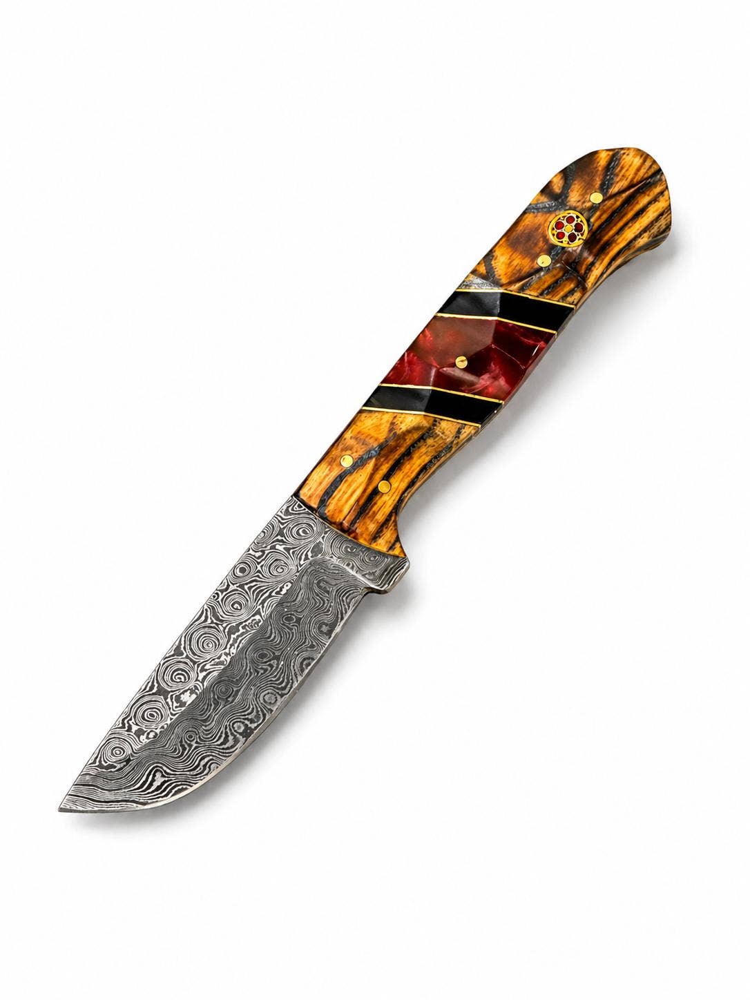 Damascus Drop Point Knife | Bocote Wood & Ruby Red Resin Handle