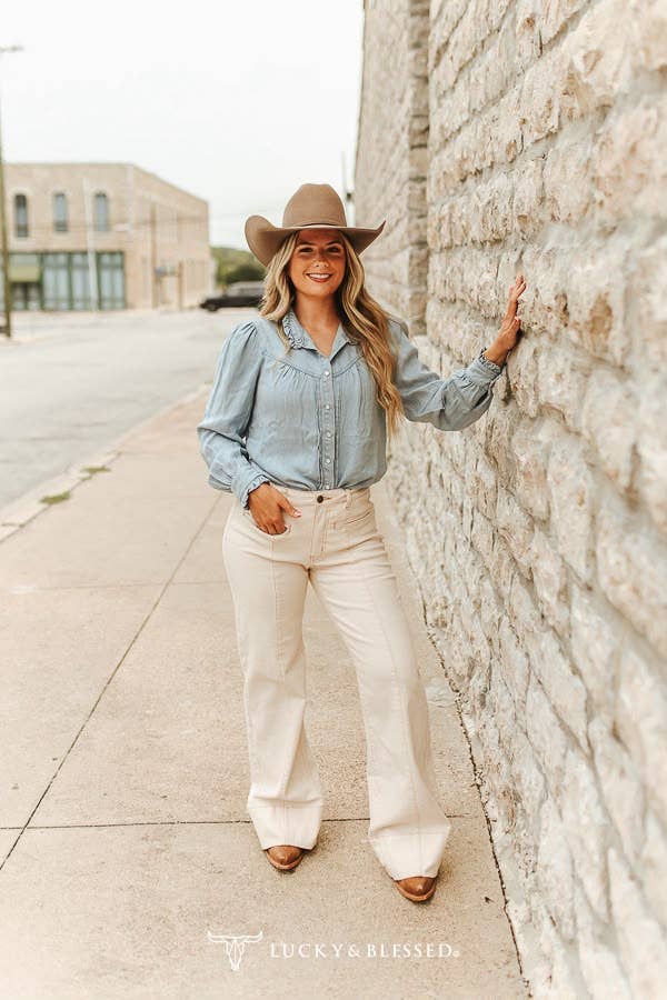 Light Wash Long-Sleeve Denim Pearl Snap