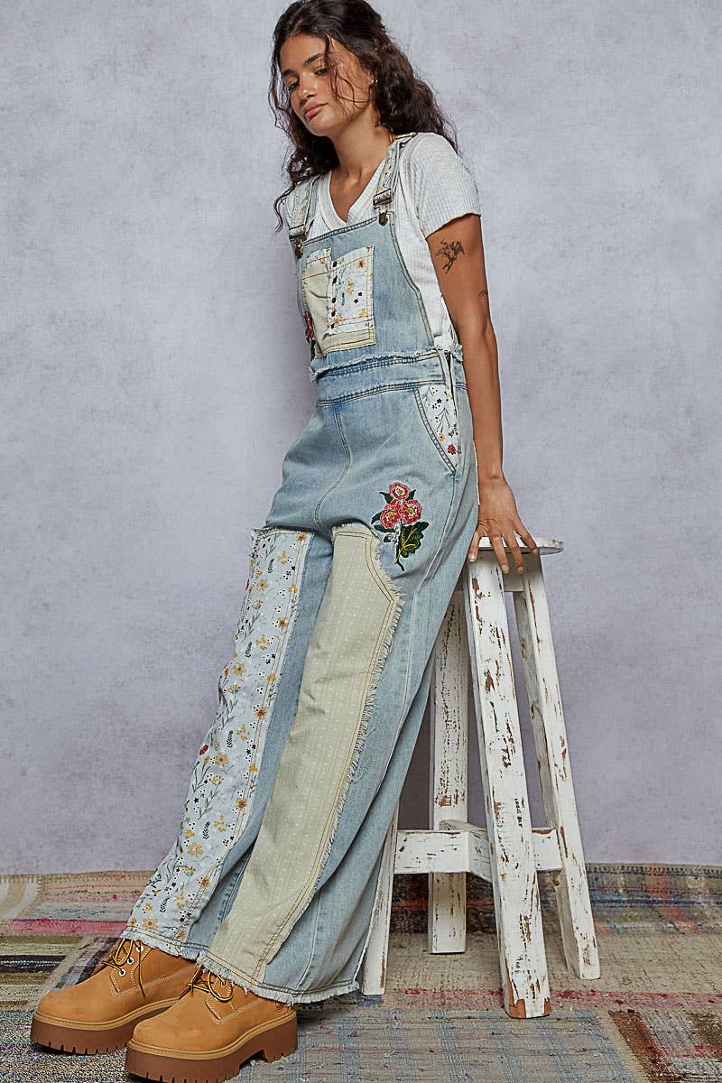 Pol Clothing Floral Patchwork Embroidery Overall