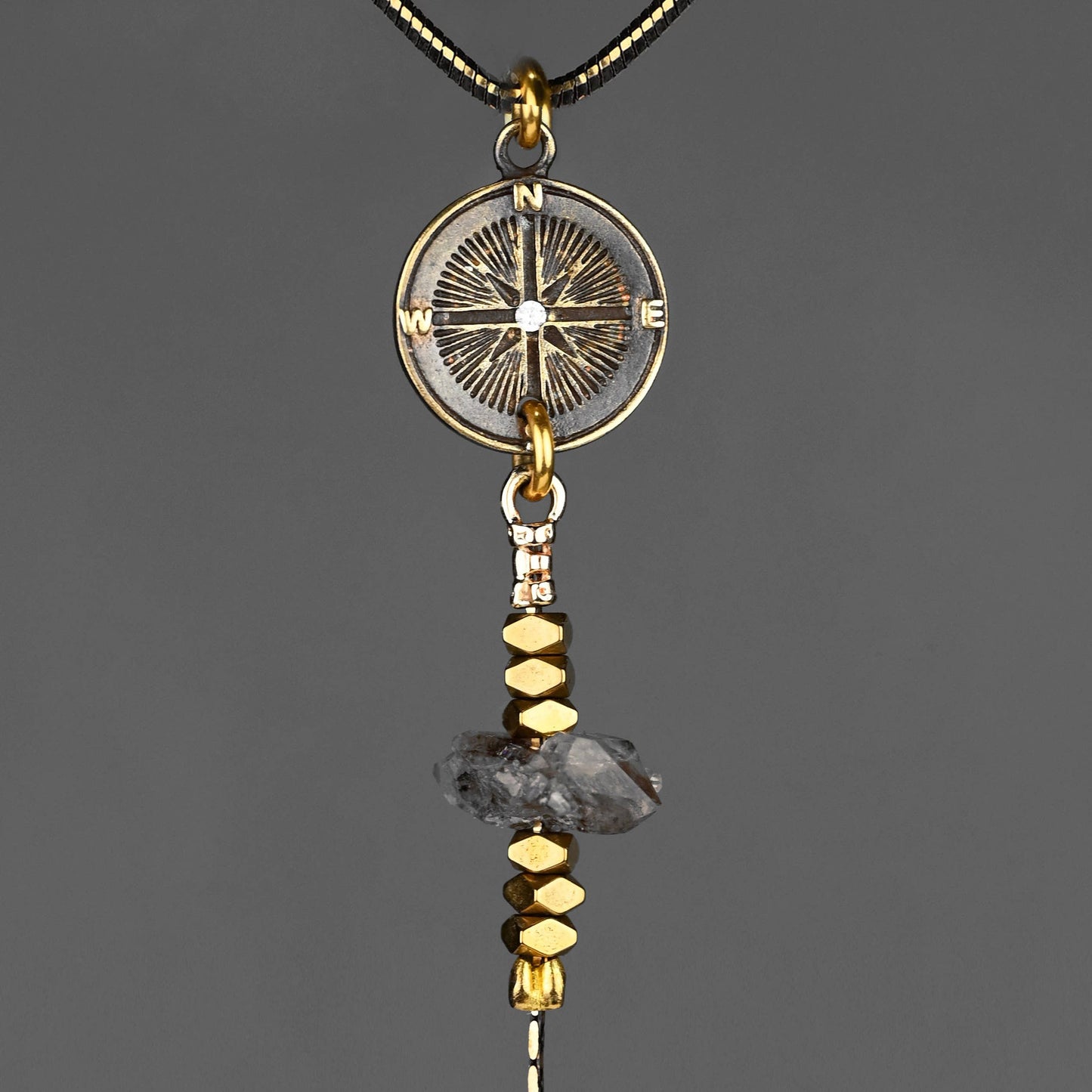 Antiqued Compass w/ Stone and Herkimer Diamond Chain Neck