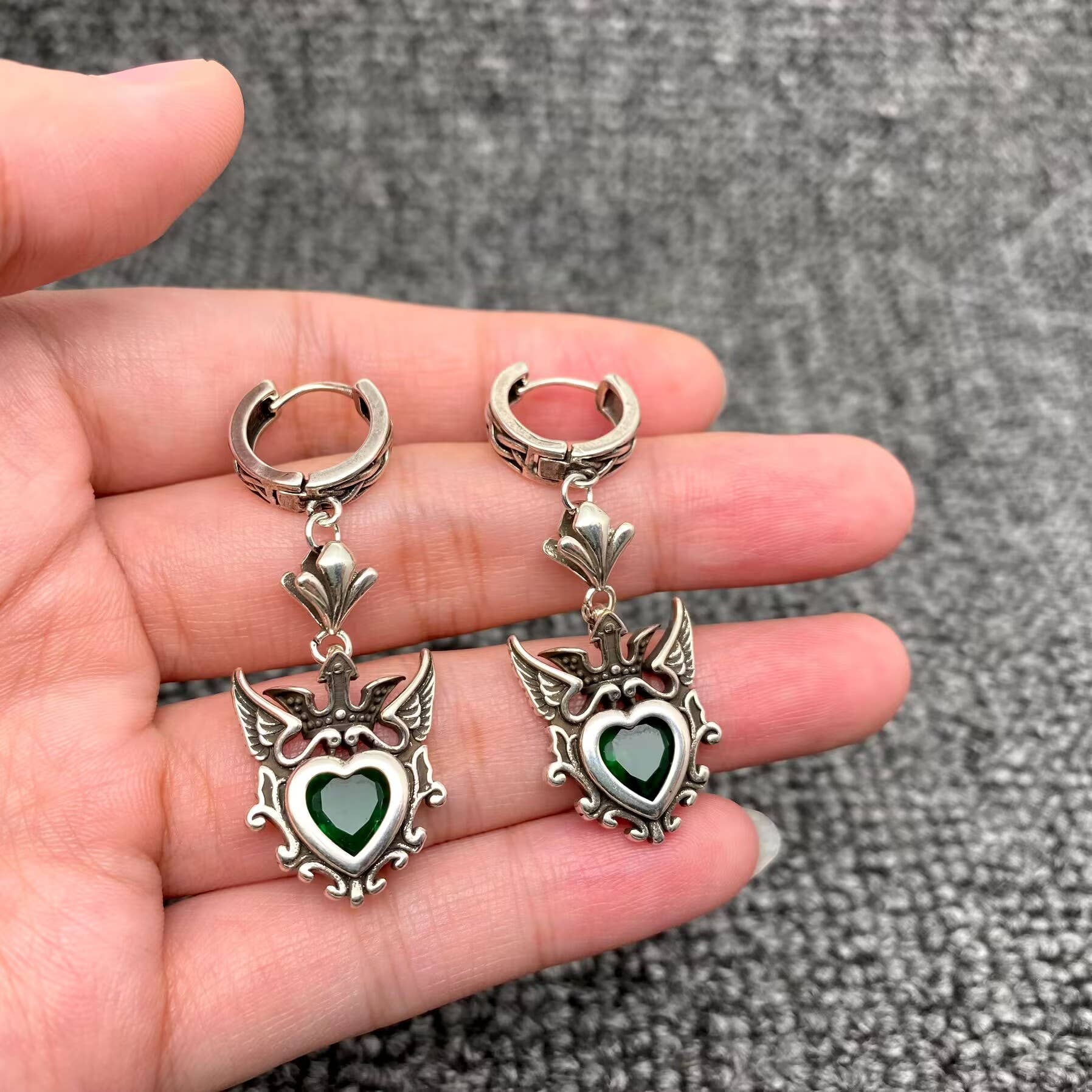 Gothic Crown Heart Charm Huggie Earrings Silver Plated