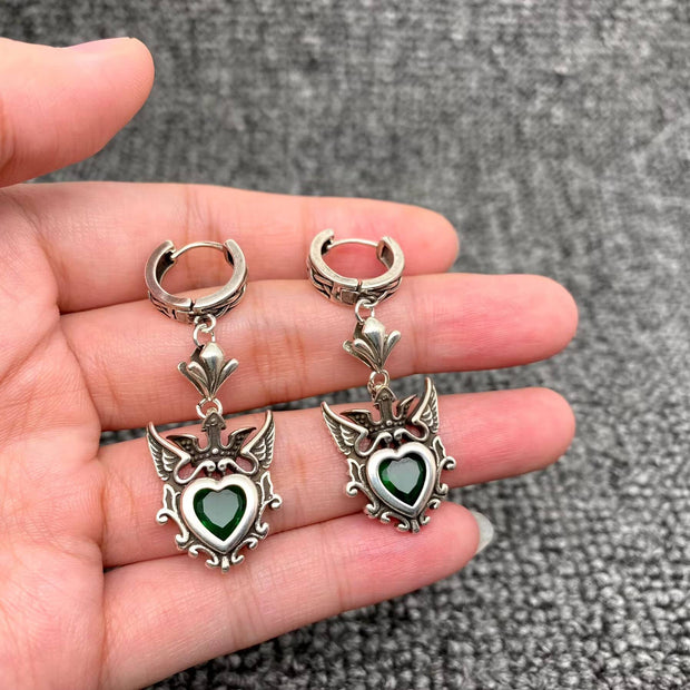Gothic Crown Heart Charm Huggie Earrings Silver Plated