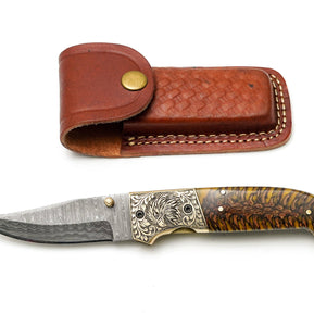 Damascus Pocket Knife, Engraved Eagle Bolster & Amber Pine Cone Handle