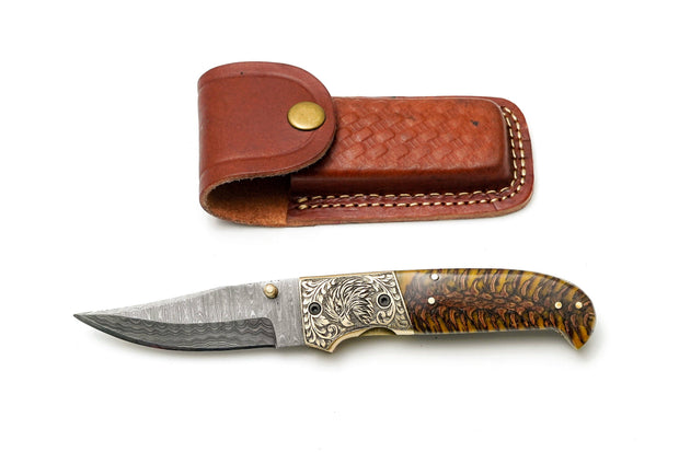 Damascus Pocket Knife, Engraved Eagle Bolster & Amber Pine Cone Handle