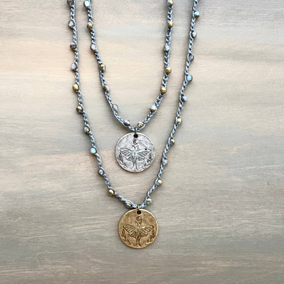 Galaxy Crystal Crocheted Necklace with Luna Moth Charm