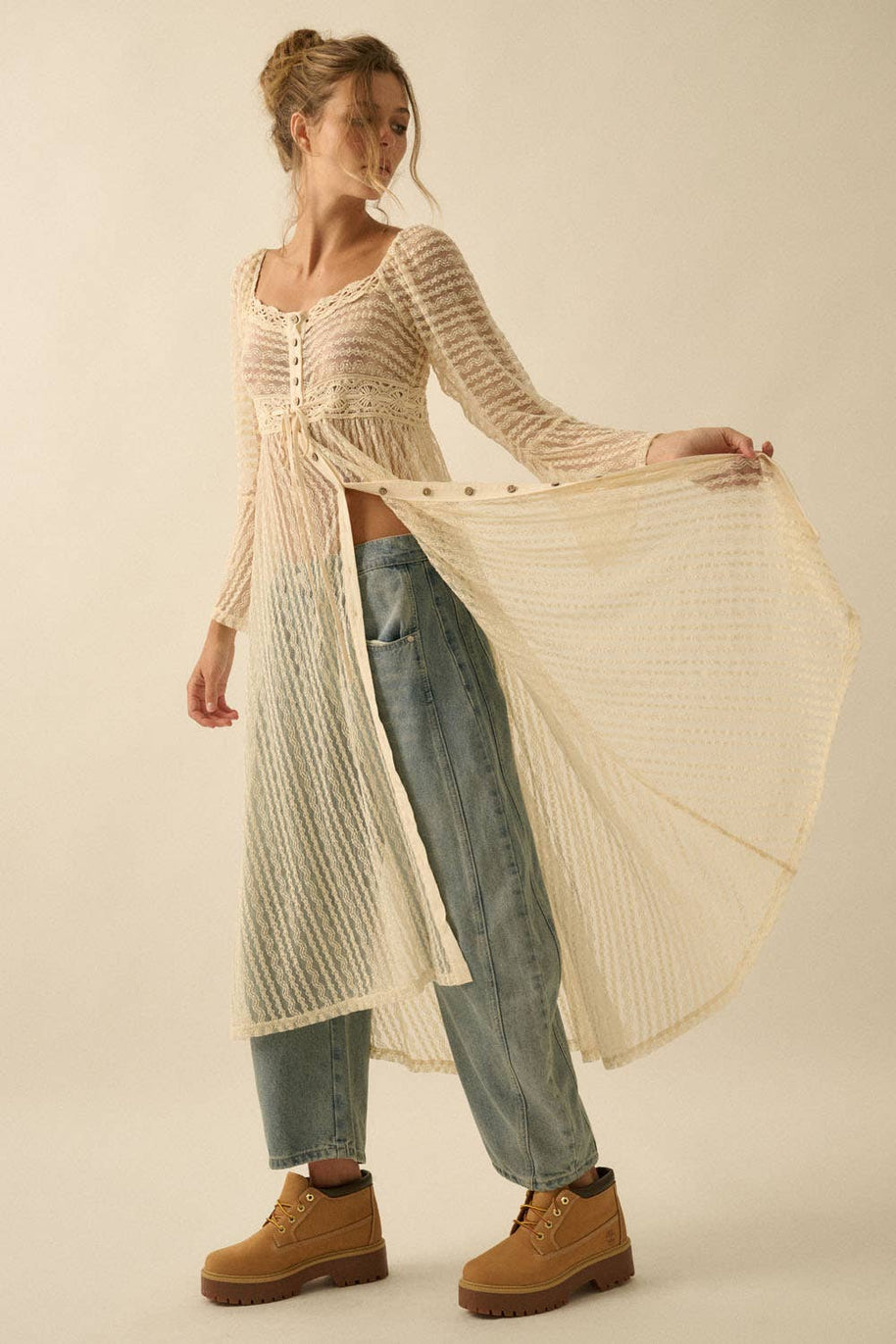 Sheer Layering Midi Dress/Duster, Natural