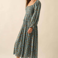 Smocked Floral Bubble-Sleeve Midi Dress, Blue