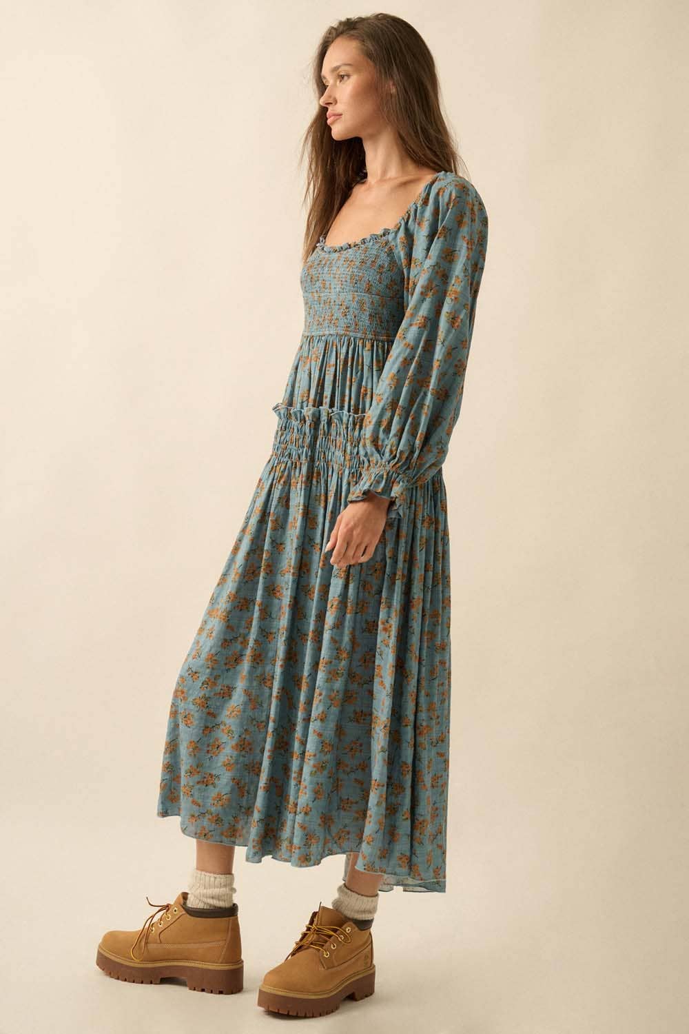 Smocked Floral Bubble-Sleeve Midi Dress, Blue