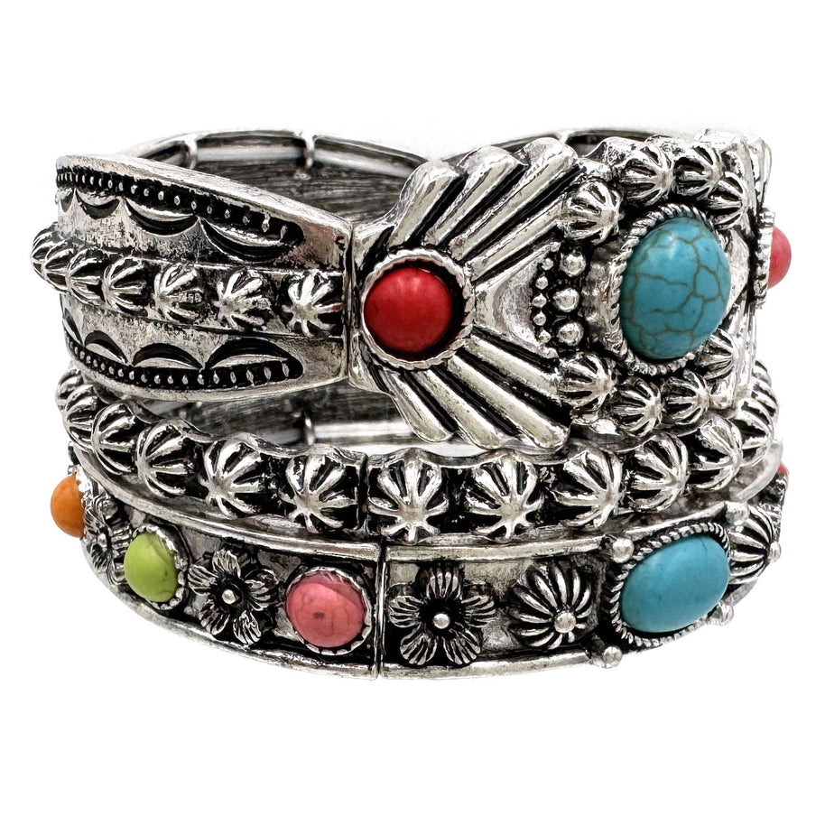 Turquoise Flower Three Piece Western Chunky Stretch Bracelet