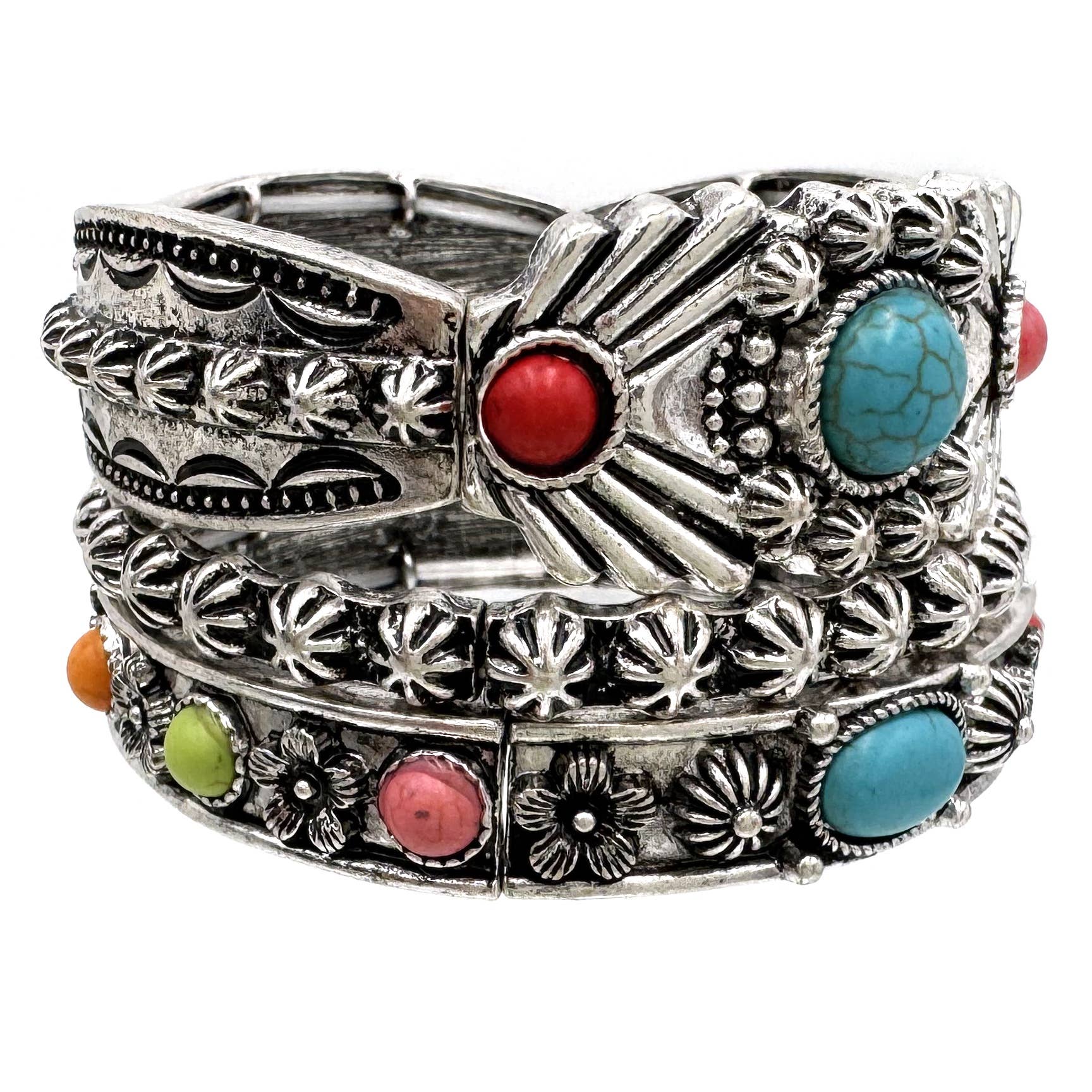 Turquoise Flower Three Piece Western Chunky Stretch Bracelet