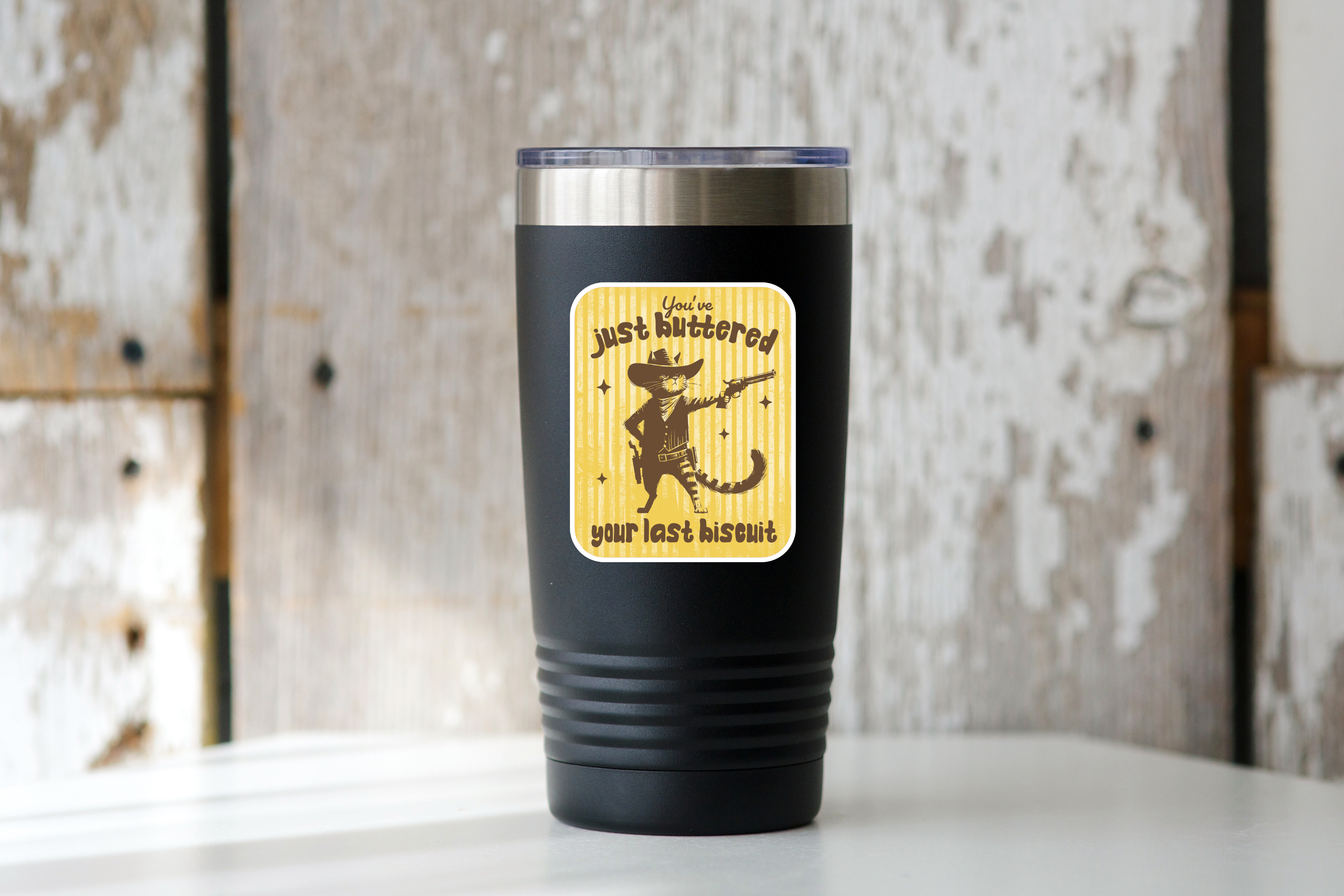 You've Just Buttered Your Last Biscuit Sticker - cat, cowboy