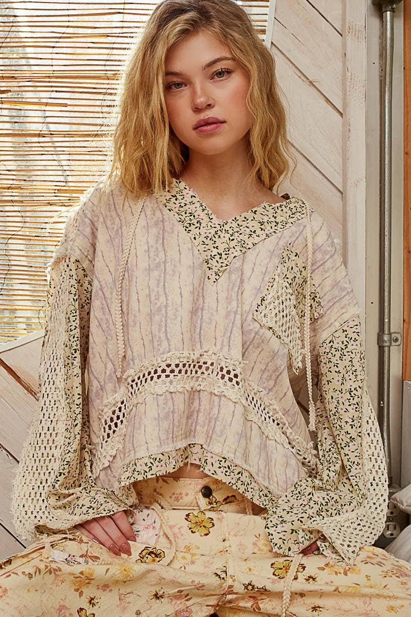 V-Neck Floral Patch Hooded Top