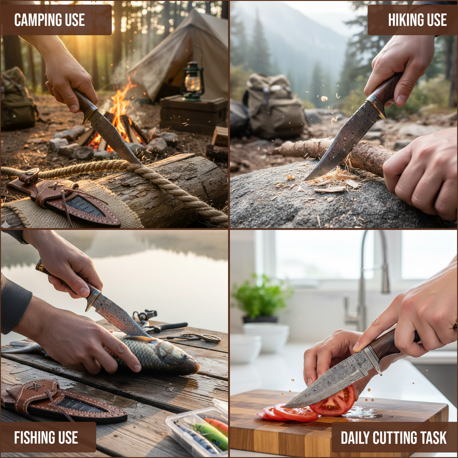 Large Damascus Knife, Round Wood Handle