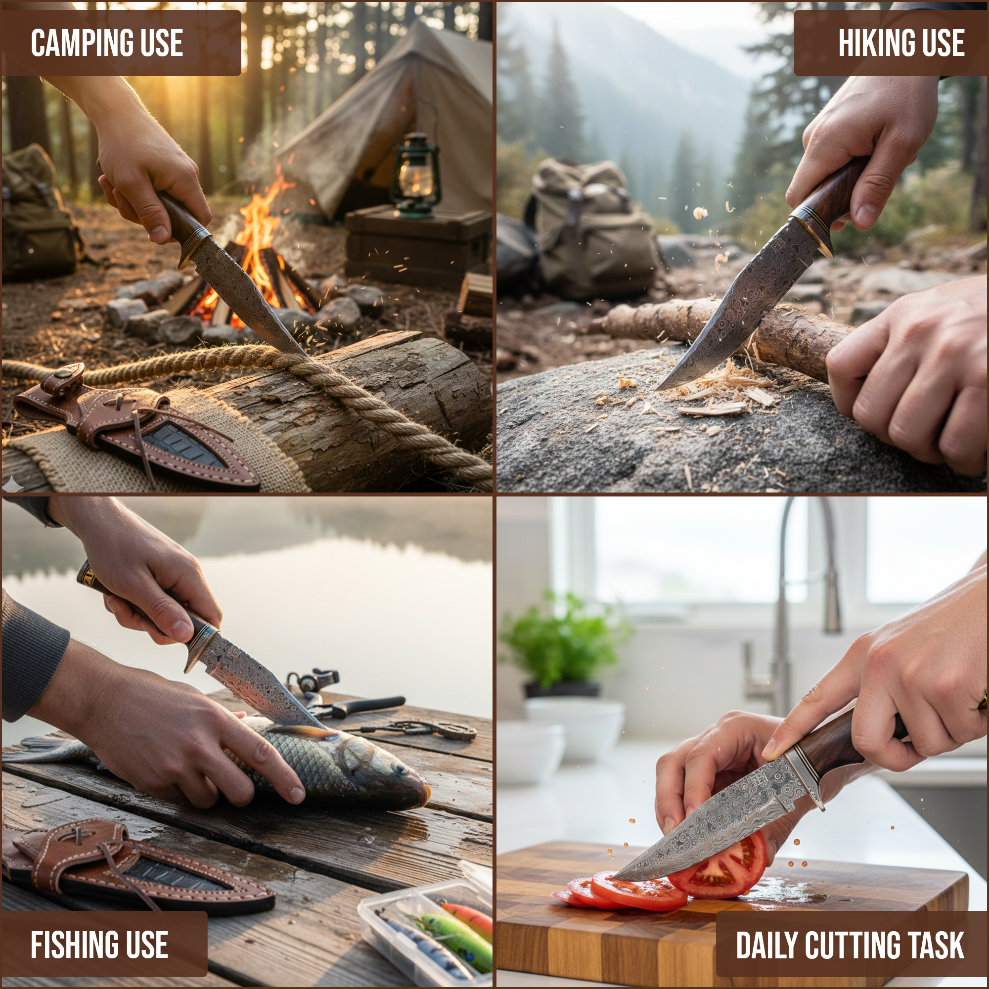 Large Damascus Knife, Round Wood Handle