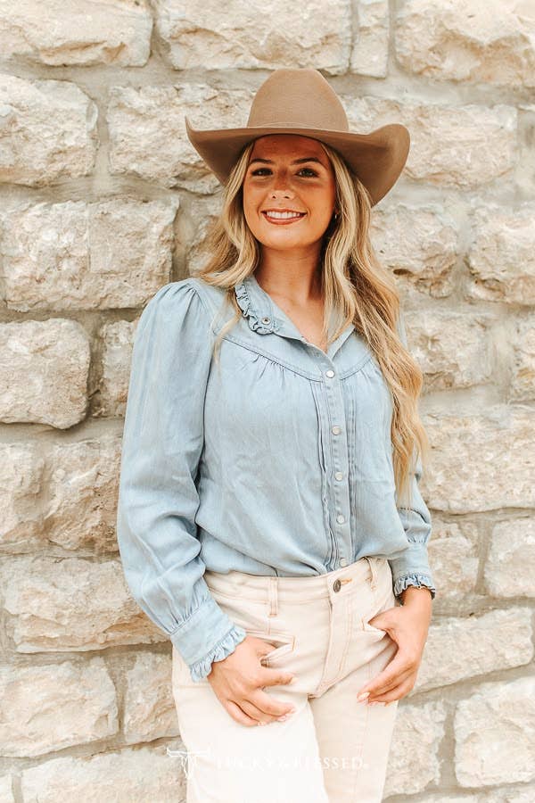 Light Wash Long-Sleeve Denim Pearl Snap