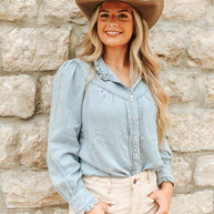 Light Wash Long-Sleeve Denim Pearl Snap