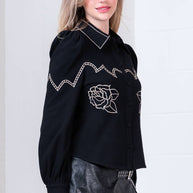 Black Button-Down with Embroidered Roses
