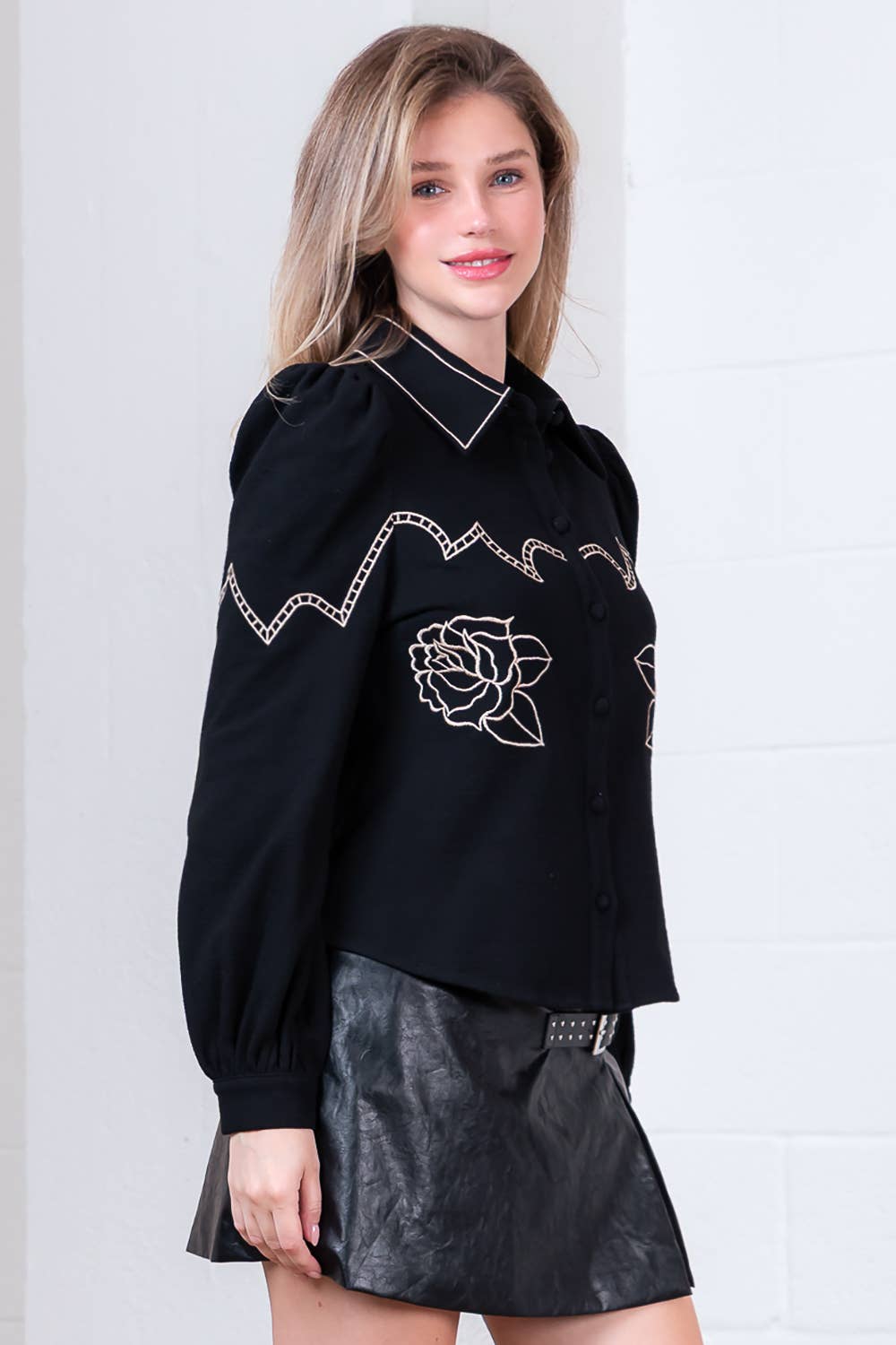 Black Button-Down with Embroidered Roses