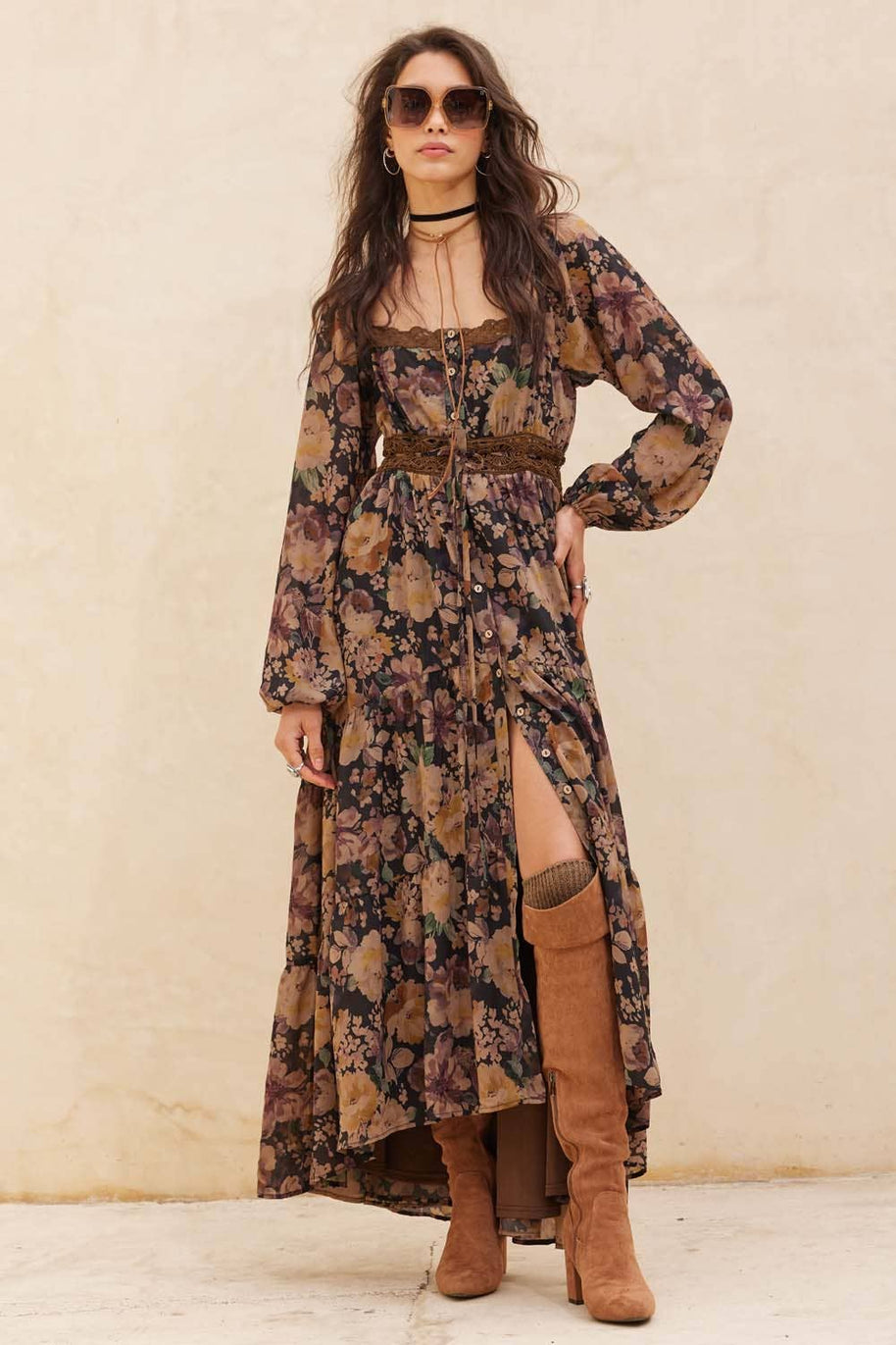 Floral Button-Front Maxi Dress, Chocolate