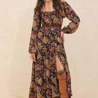 Floral Button-Front Maxi Dress, Chocolate