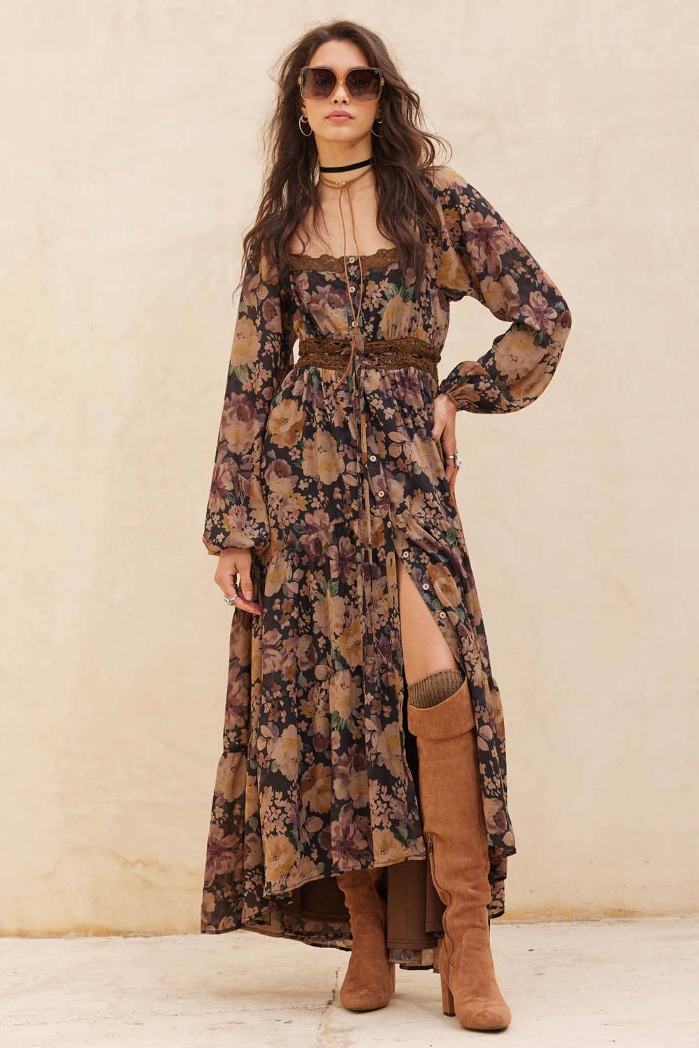 Floral Button-Front Maxi Dress, Chocolate