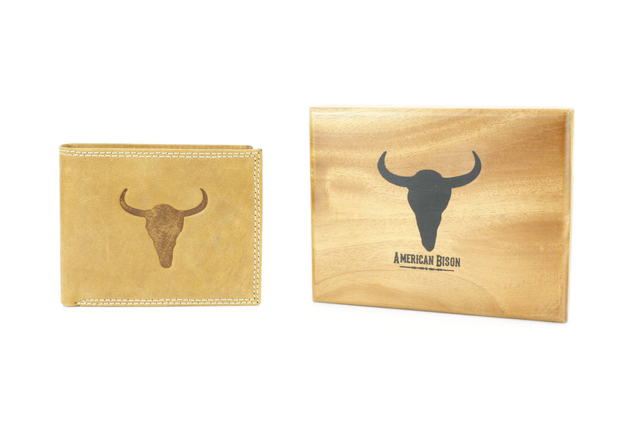 Men’s Bi-Fold Wallet with Bison Skull, Tan