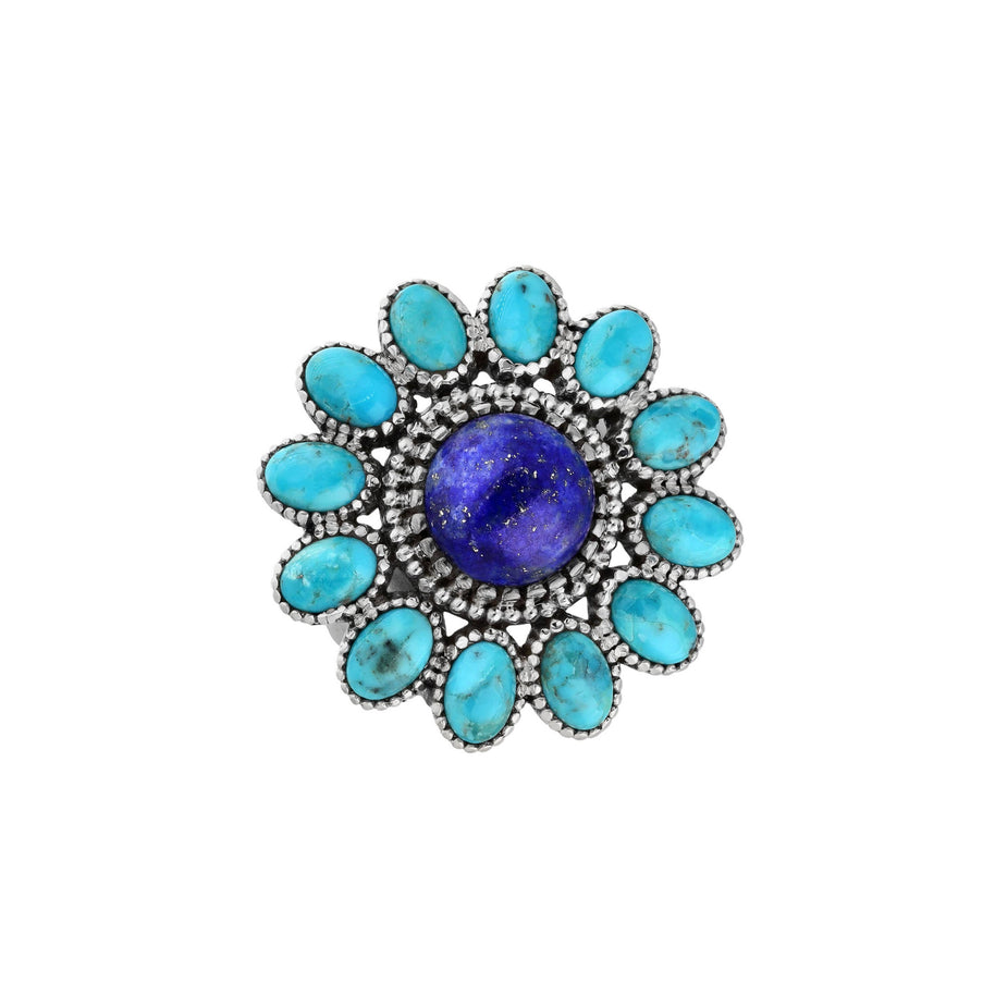 Silver Lapis and Turquoise Celestial Bloom Ring