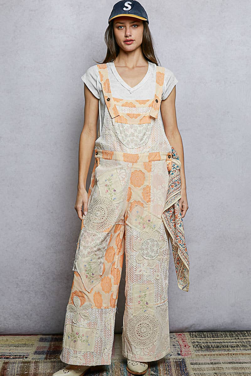Floral Patchwork Woven Overalls