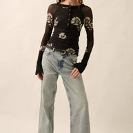 Floral-Print Mesh Raglan-Sleeve Henley Top
