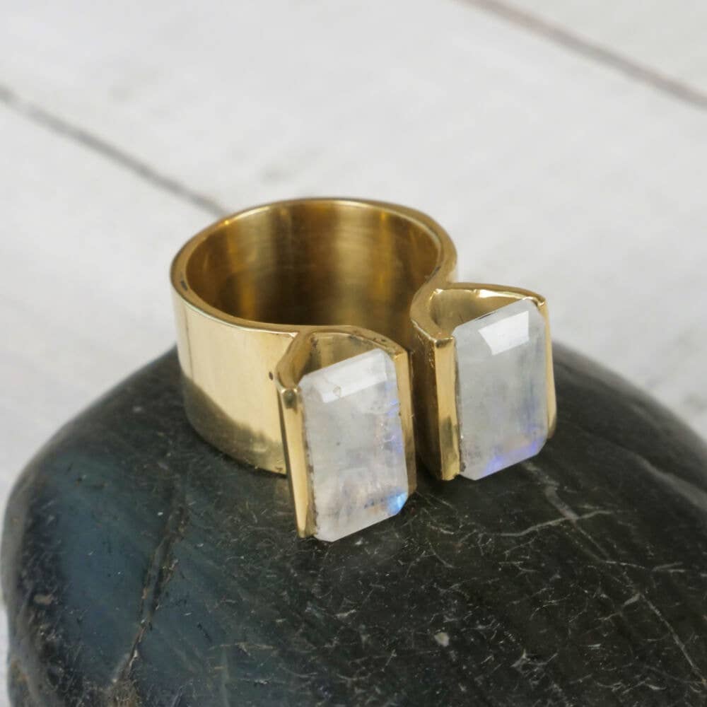 Double Rectangle Brass Moonstone Ring