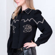 Black Button-Down with Embroidered Roses