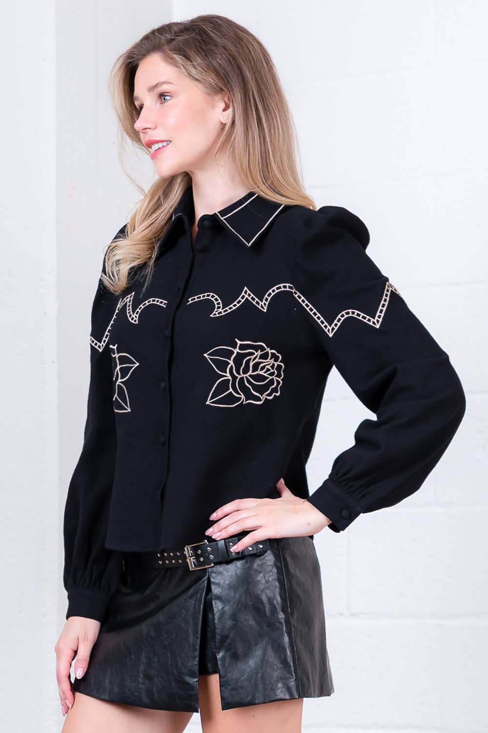Black Button-Down with Embroidered Roses