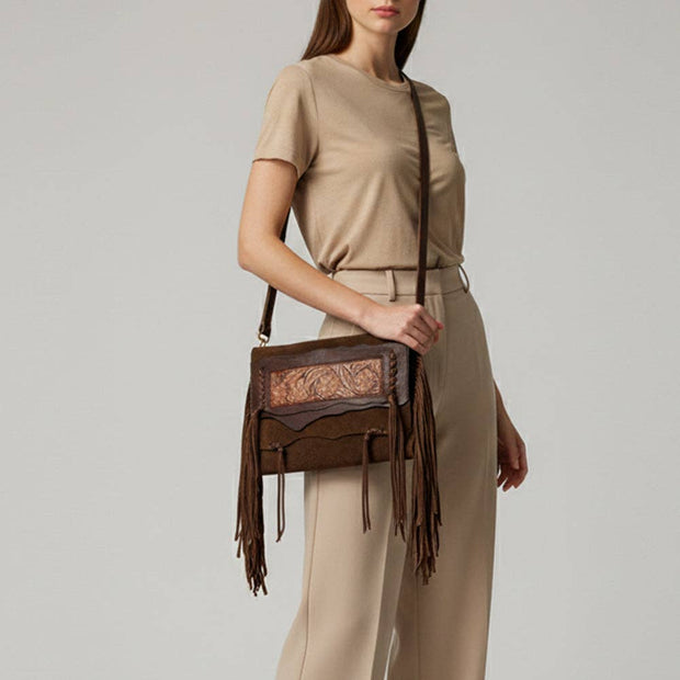 Suede Leather & Fringe Purse Clutch, Espresso