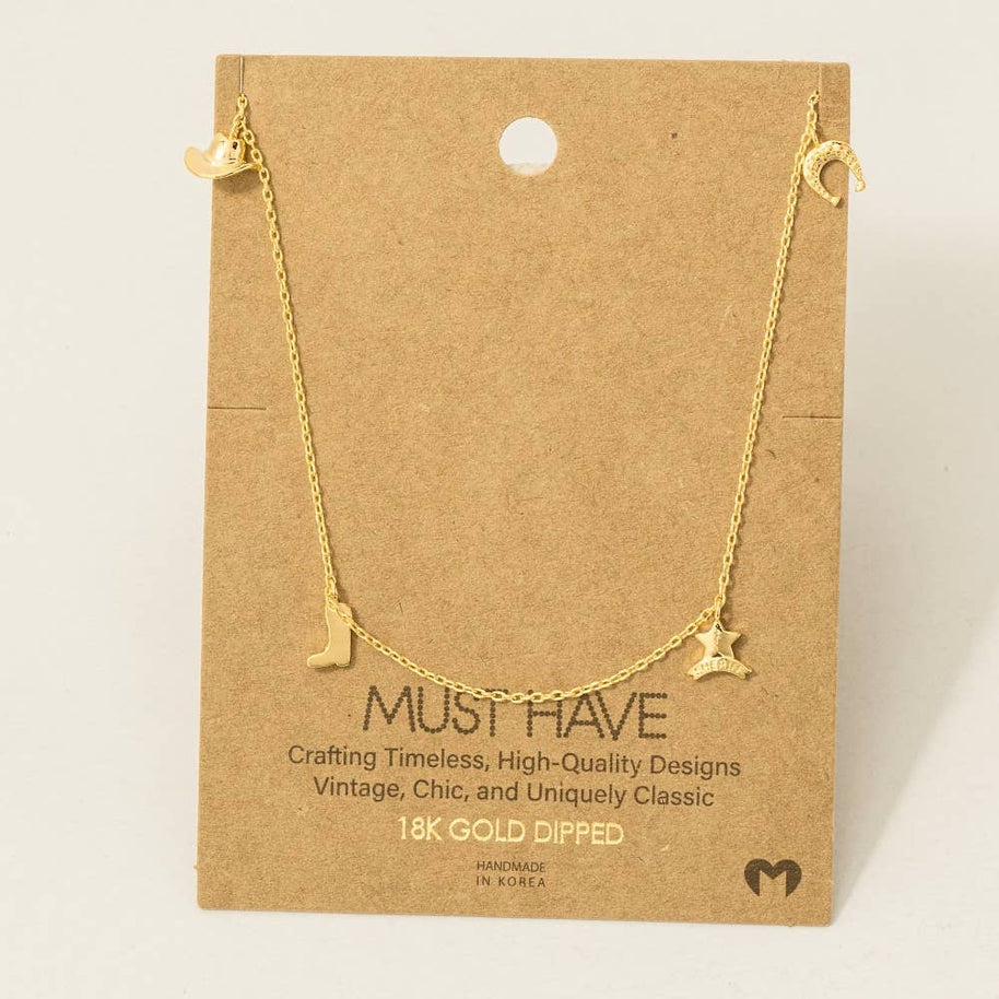 Gold Dipped Cowboy Theme Charms Chain Necklace