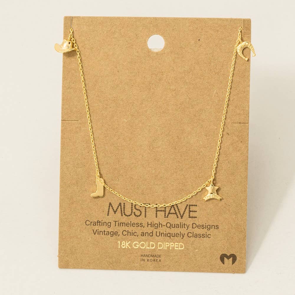 Gold Dipped Cowboy Theme Charms Chain Necklace