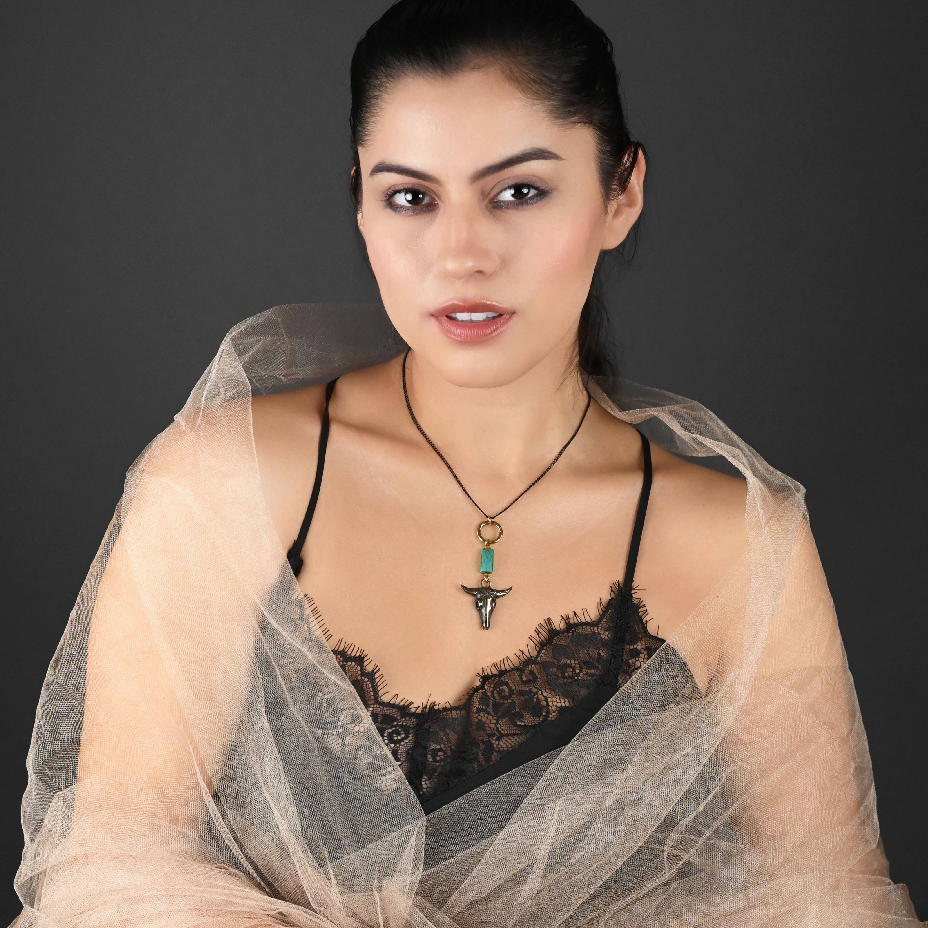 Antiqued Brass Bull w/ Turquoise Necklace