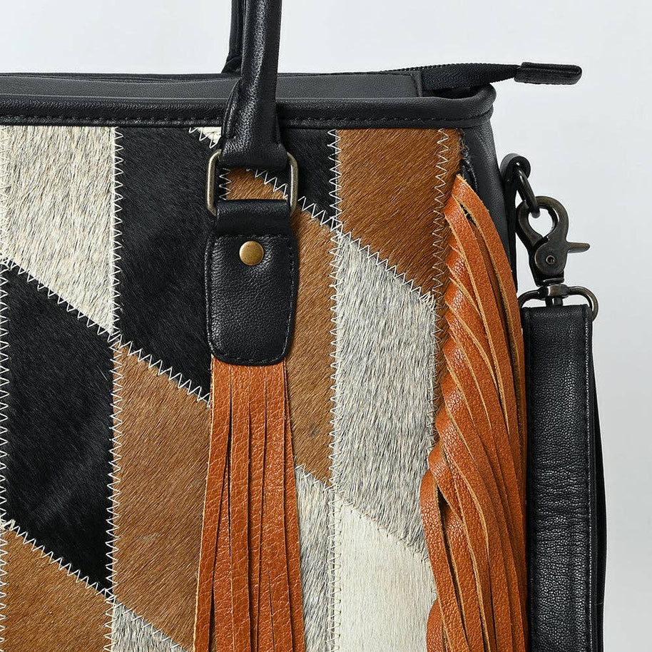 Handmade Western Leather Tote Bag with Hair-On Cowhide & Fringe