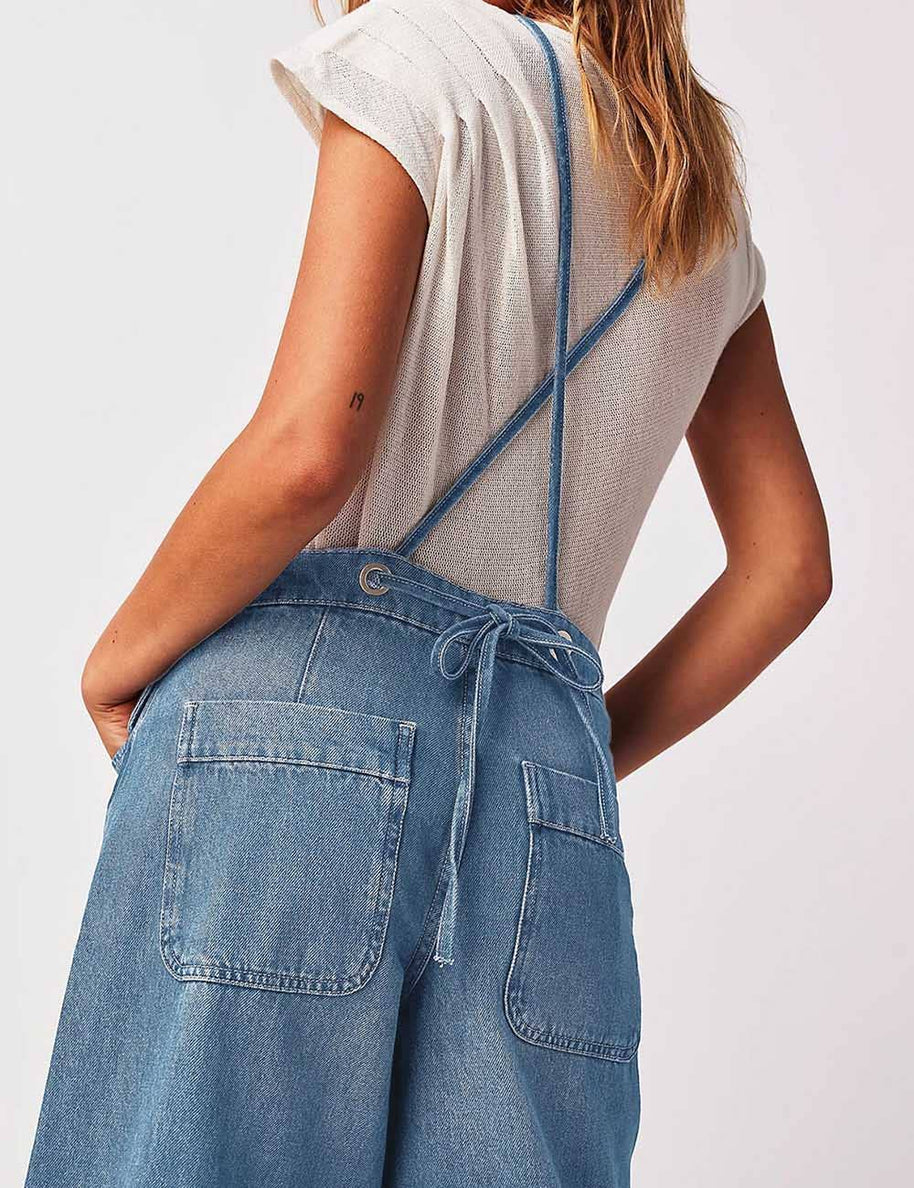 String Tie Wide Leg Denim Jumpsuit