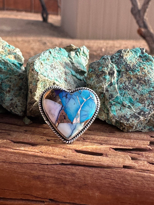 Beautiful Handmade Purple Kingman Dahlia Heart Sterling Silver Adjustable Ring