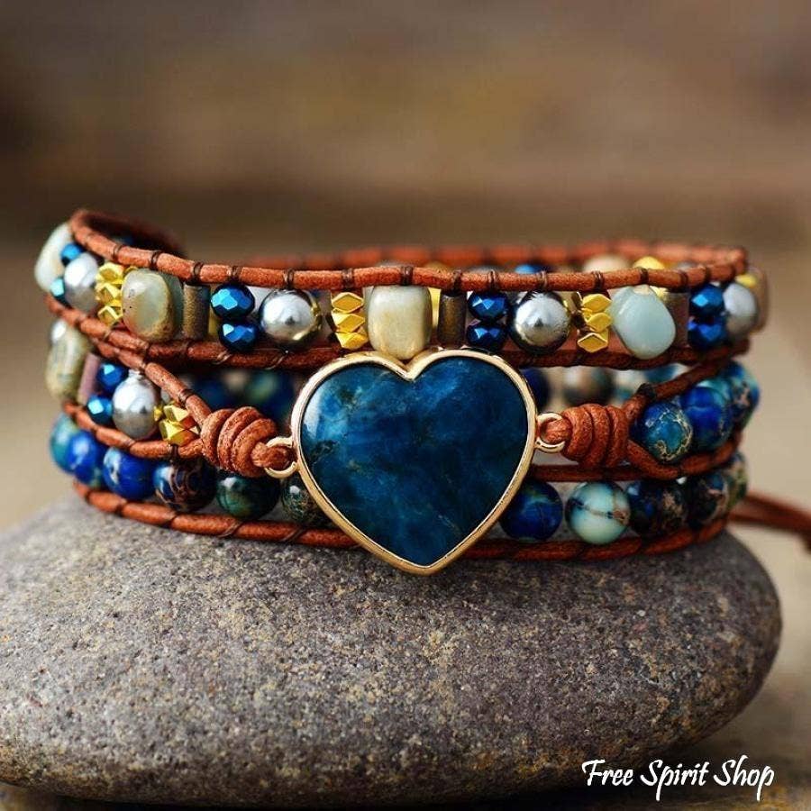 Natural Blue Apatite Heart Wrap Bracelet