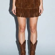 Faux Suede Star Fringe Mini Skirt, Brown