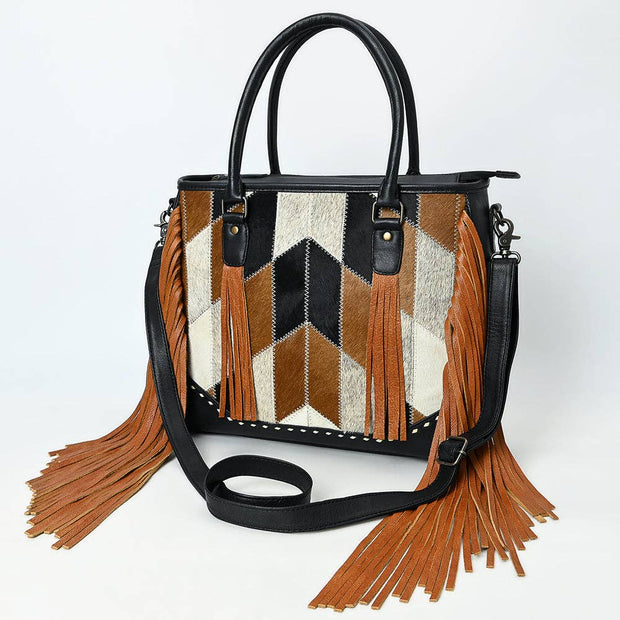 Handmade Western Leather Tote Bag with Hair-On Cowhide & Fringe