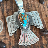 Hand Stamped Sterling Silver & Pilot Mountain Turquoise Thunderbird Pendant by Kimari Somers