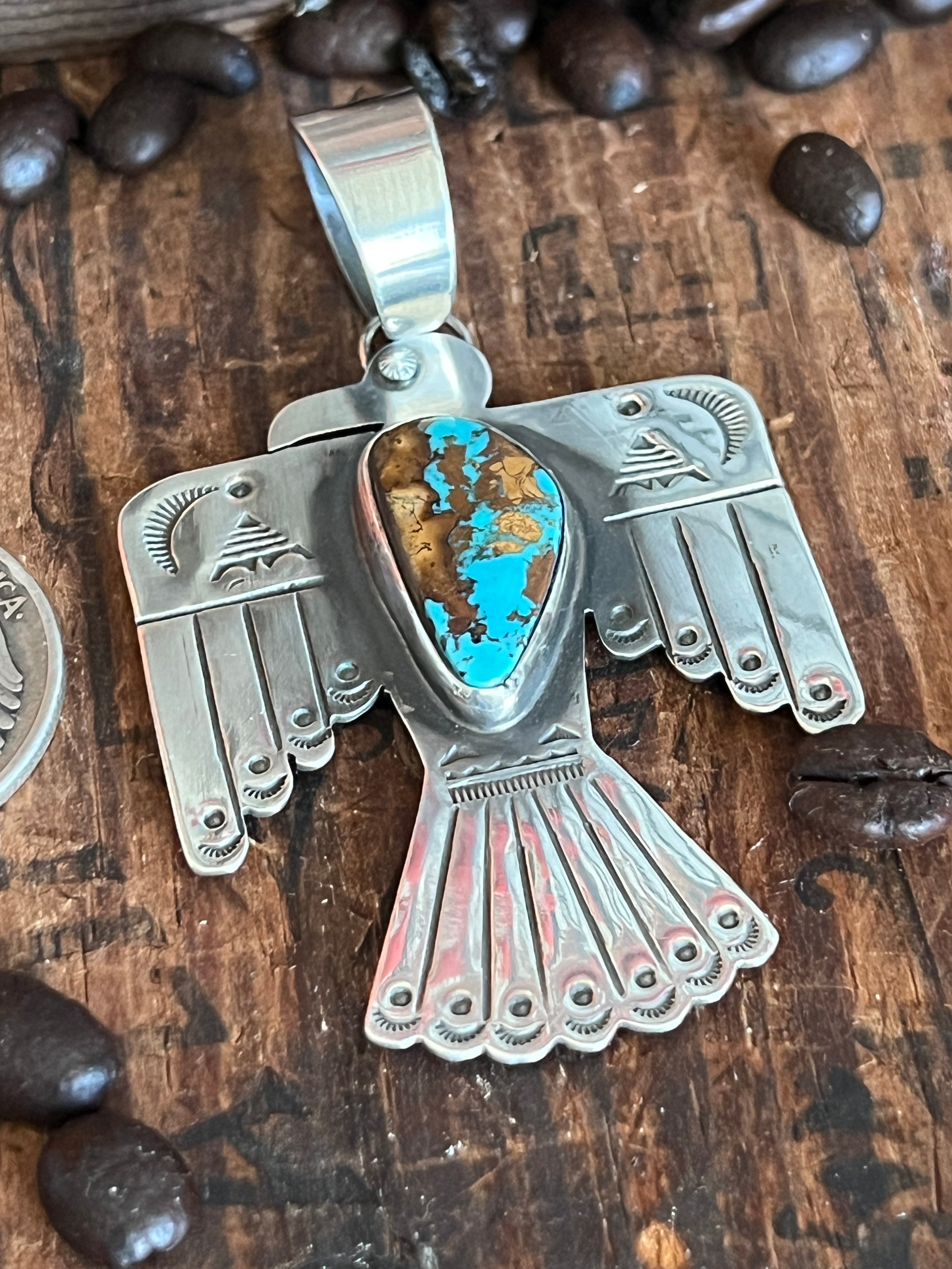 Hand Stamped Sterling Silver & Pilot Mountain Turquoise Thunderbird Pendant by Kimari Somers