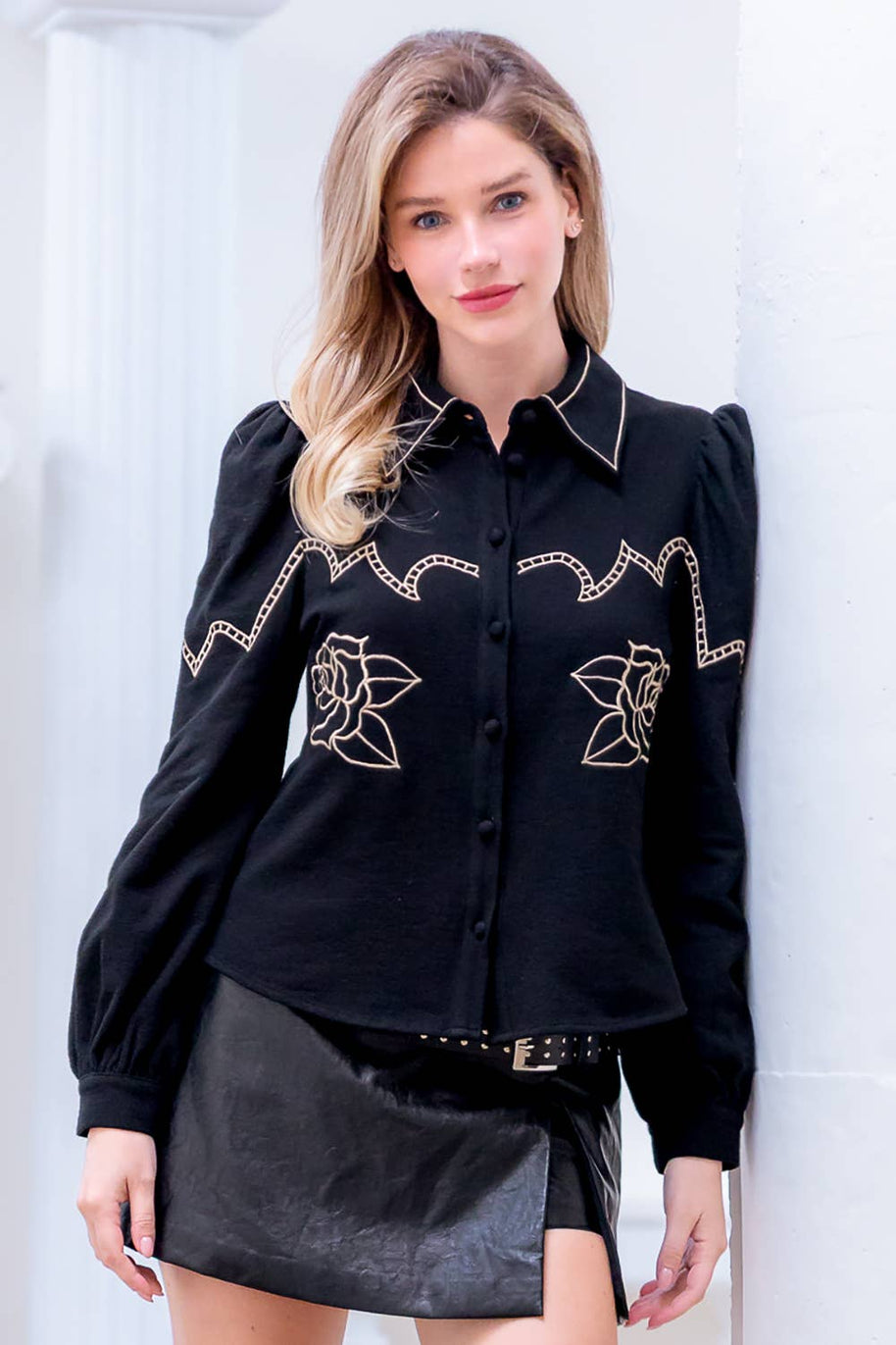 Black Button-Down with Embroidered Roses