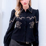 Black Button-Down with Embroidered Roses