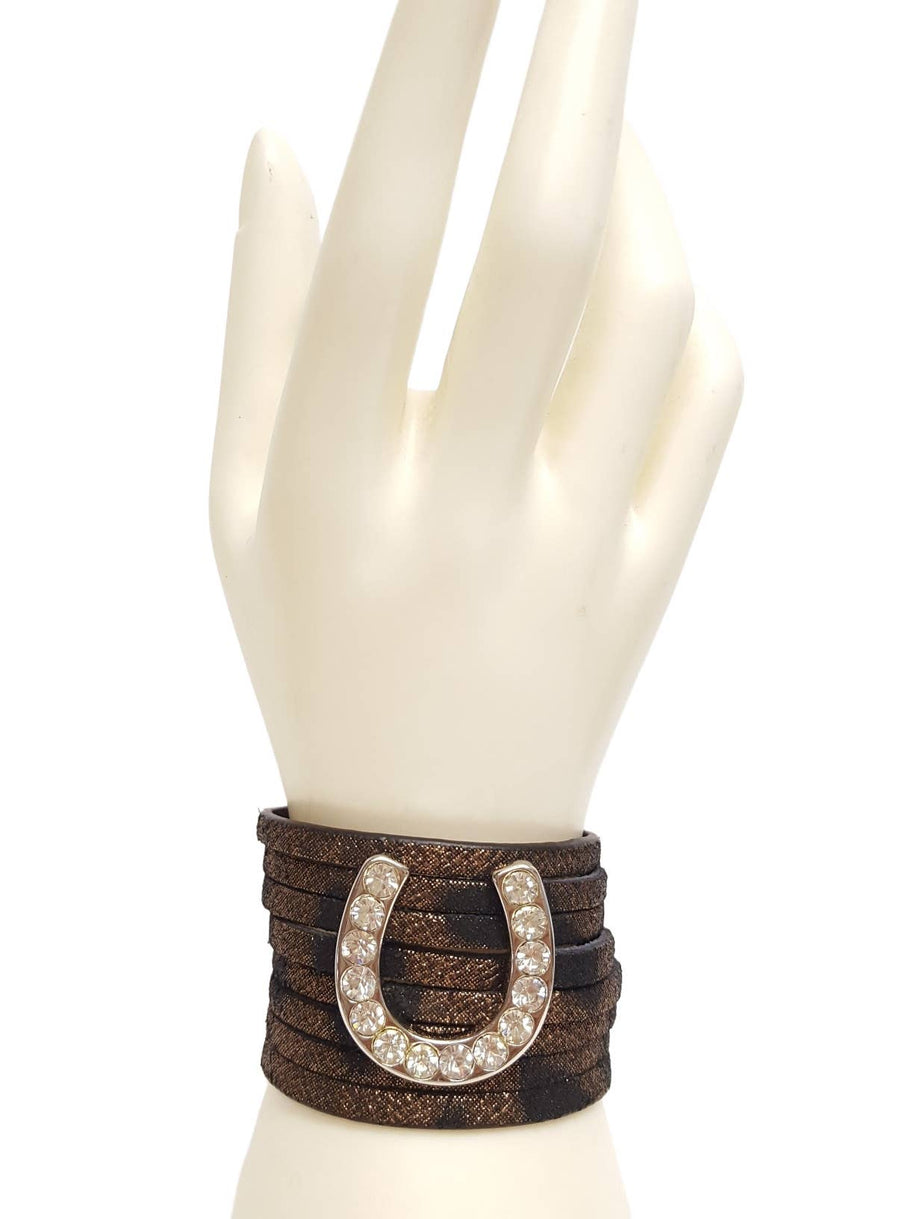 Leather Cuff In Leopard Spots with Horseshoe