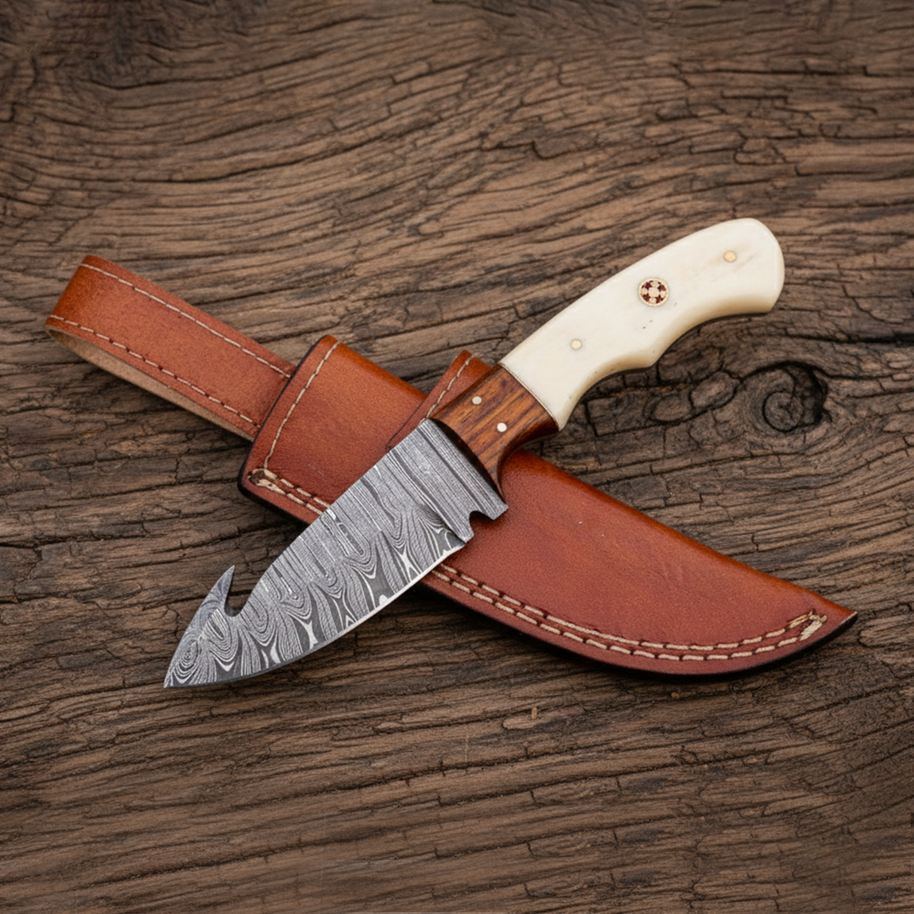 9" Damascus Guthook knife, Bone Handle