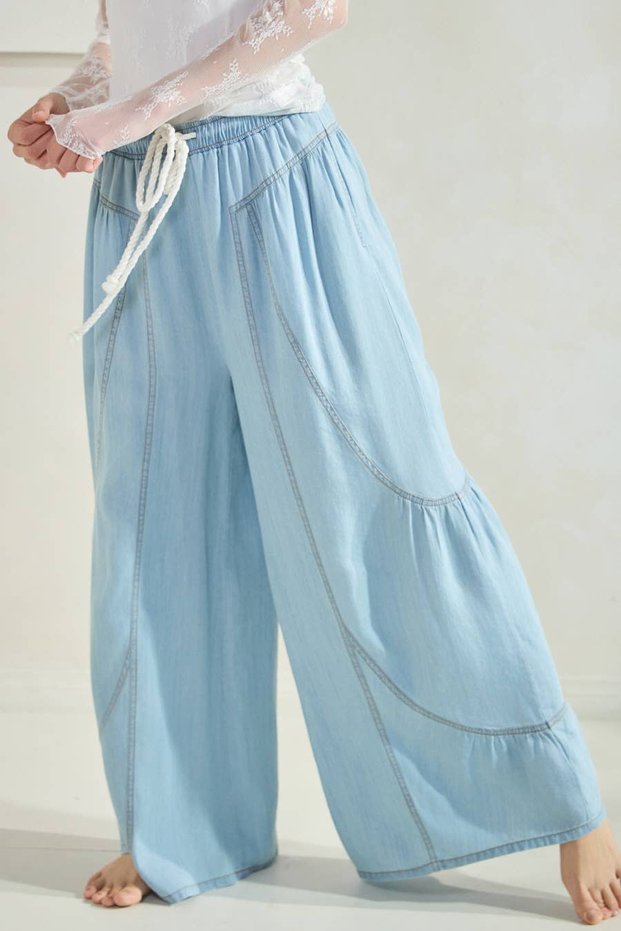 Chambray Denim Wide Palazzo Pants